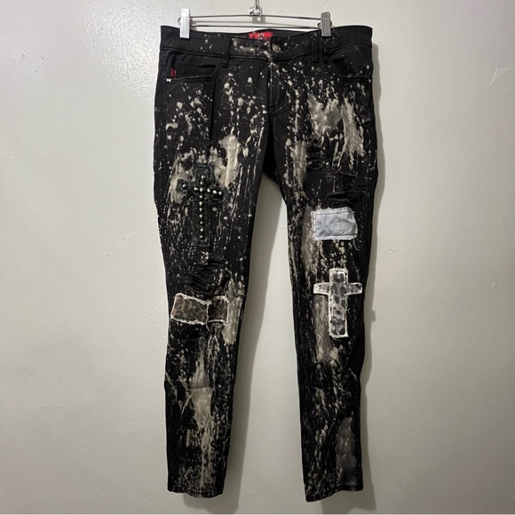 Royal Bones Distressed and Splatter Print Black Skinny Jeans - Picture 3 of 12